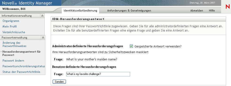 Seite „Sicherheitsantwort für Passwort“