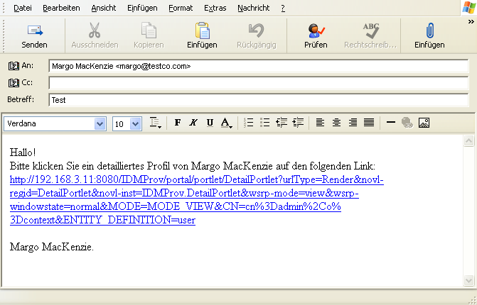 Die Benutzeranwendung erstellt anhand einer Schablone einen Email-Entwurf