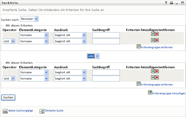 Eine erweiterte Suche auf der Seite „Suchliste“