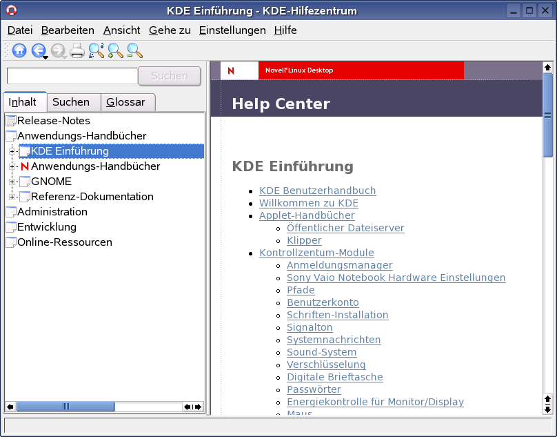 Das Hauptfenster des Hilfezentrums