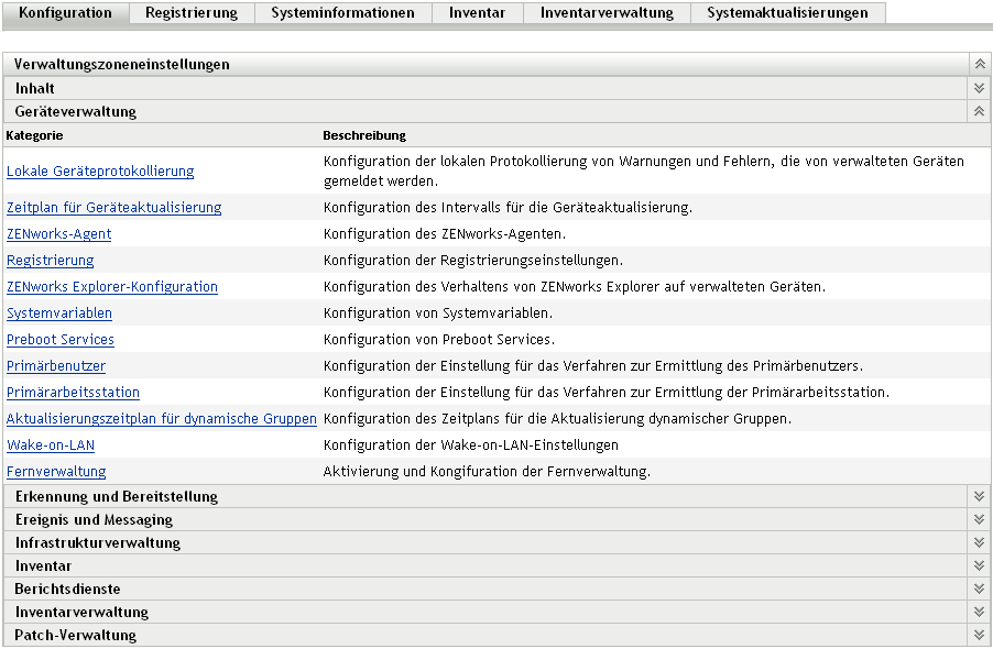 Bereich "Einstellungen für die Verwaltungszone"