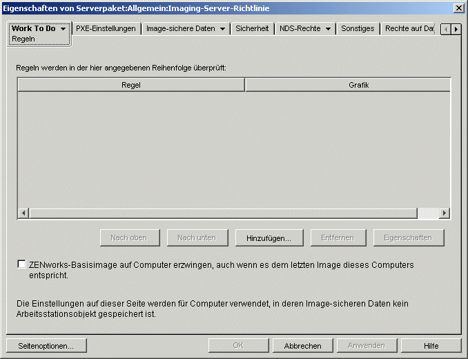 Die Eigenschaften der Seite für die Imaging-Server-Richtlinienregeln.