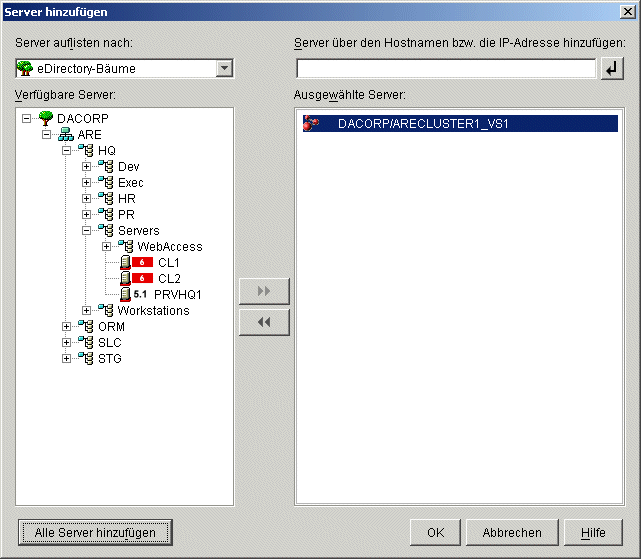 Das Dialogfeld "Server hinzufügen" mit dem in der Liste "Ausgewählte Server" hinzugefügten Virtual Server-Objekt.