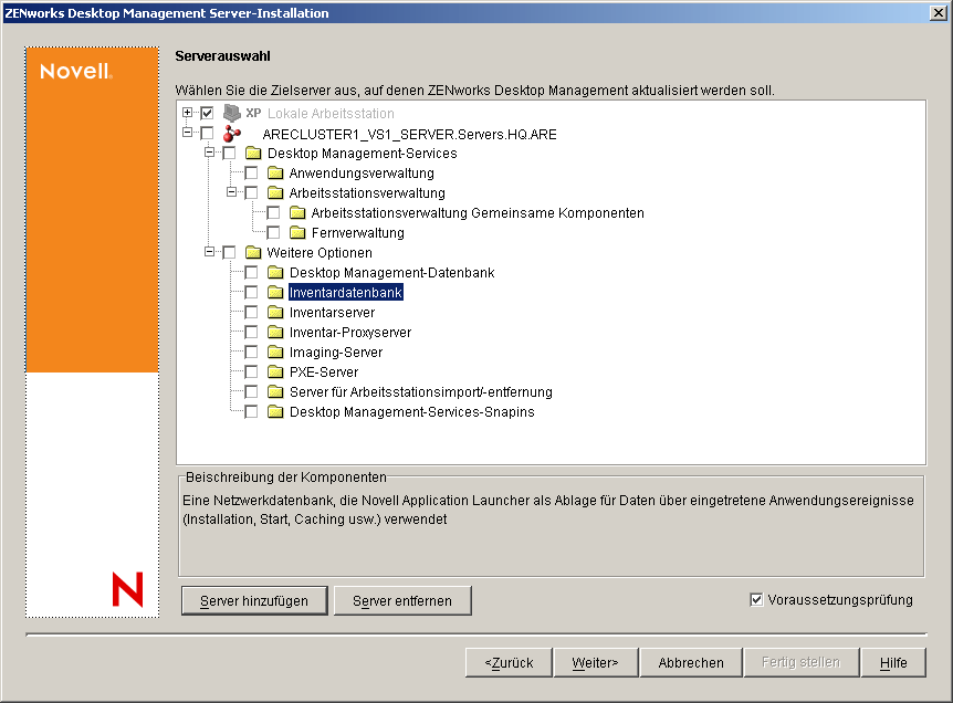Die Seite "Serverauswahl" des Installationsassistenten von ZENworks Desktop Management Services. Die verfügbaren Desktop Management-Komponenten sind als Installationsoptionen angegeben.