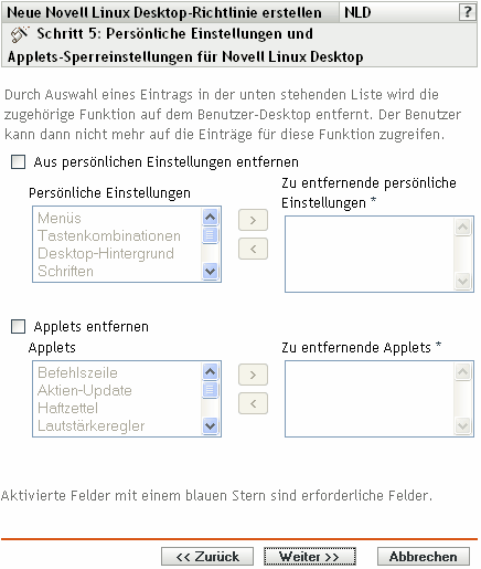 Seite Persönliche Einstellungen und Miniprogramm-Sperreinstellungen für Novell Linux Desktop
