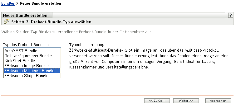 Schritt 2 zum Erstellen eines neuen Bundles: Preboot-Bundle-Typ auswählen