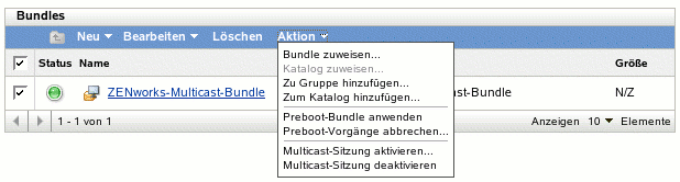 Registerkarte "Bundles", Menü-Optionen unter "Aktion"