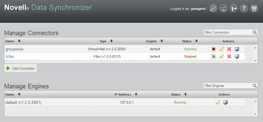Synchronizer Web Admin main page with Vibe OnPrem Connector added