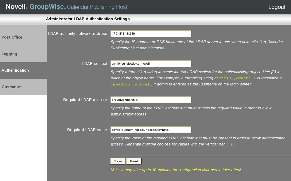 Administrator LDAP Authentication Settings page