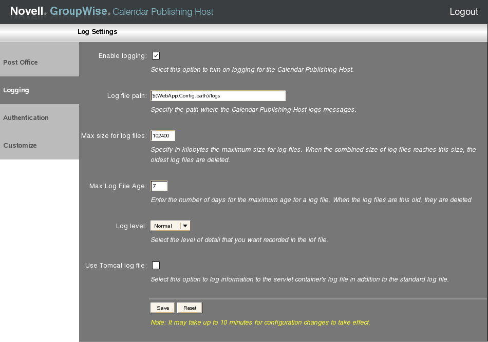 Log Settings page