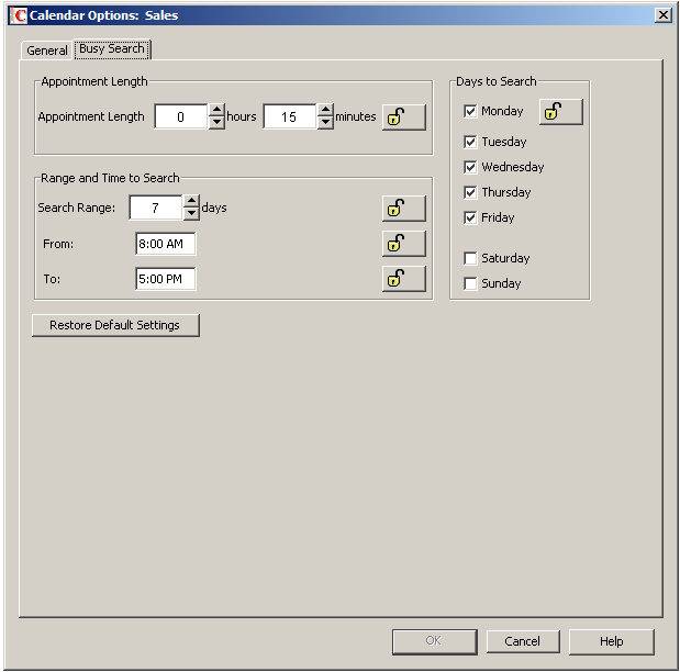 Date and Time Options Dialog Box with the Busy Search Tab Open