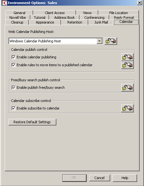 Environment Options Dialog Box with the Calendar Tab Open
