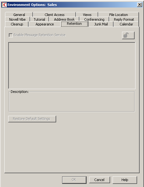 Environment Options Dialog Box with the Retention Tab Open