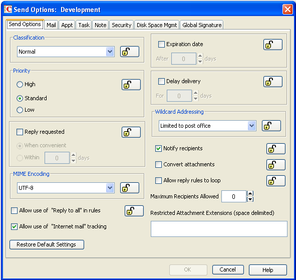 Send Options dialog box