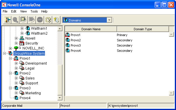 GroupWise View Showing Post Offices in Relationship to Domains