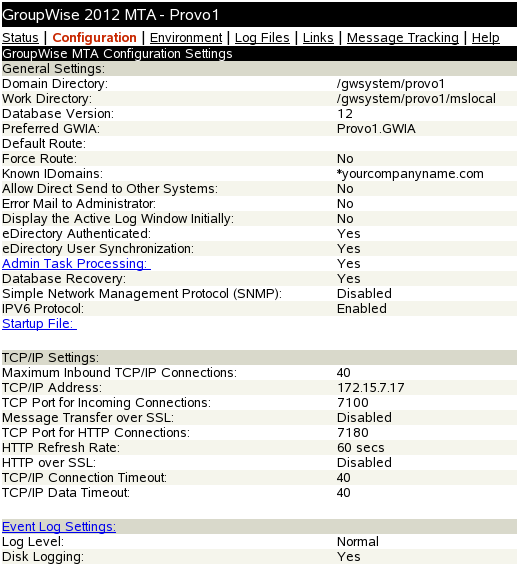 MTA Web Console with the Configuration Page Displayed