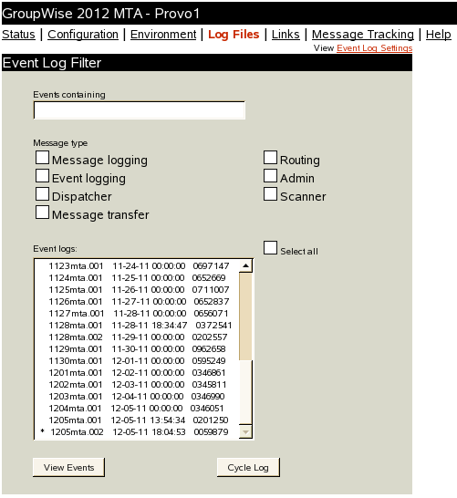 MTA Web Console with the Event Log Filter Page Displayed