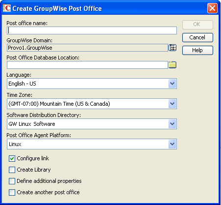 Create GroupWise Post Office dialog box