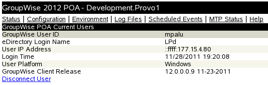 POA Web Console with Disconnect User Link