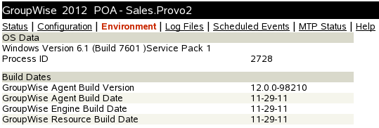 POA Web Console Environment Page for a Windows Server