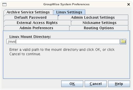 GroupWise System Preferences dialog box with the Linux Settings tab displayed
