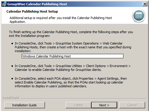 Calendar Publishing Host Setup page