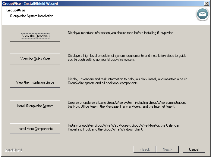 GroupWise Installation program main page