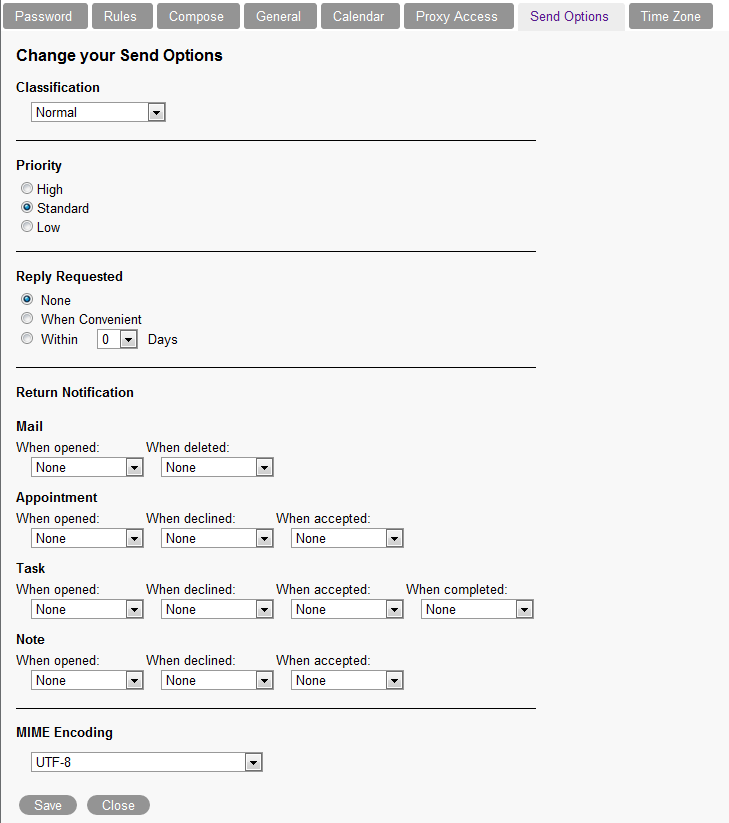 Options view with Send Options selected