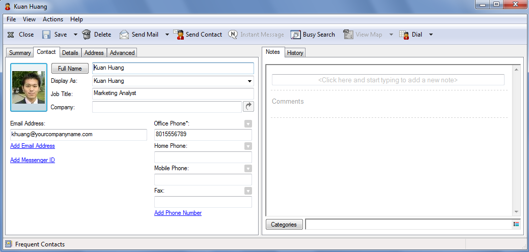 Contact Properties showing the Contact tab