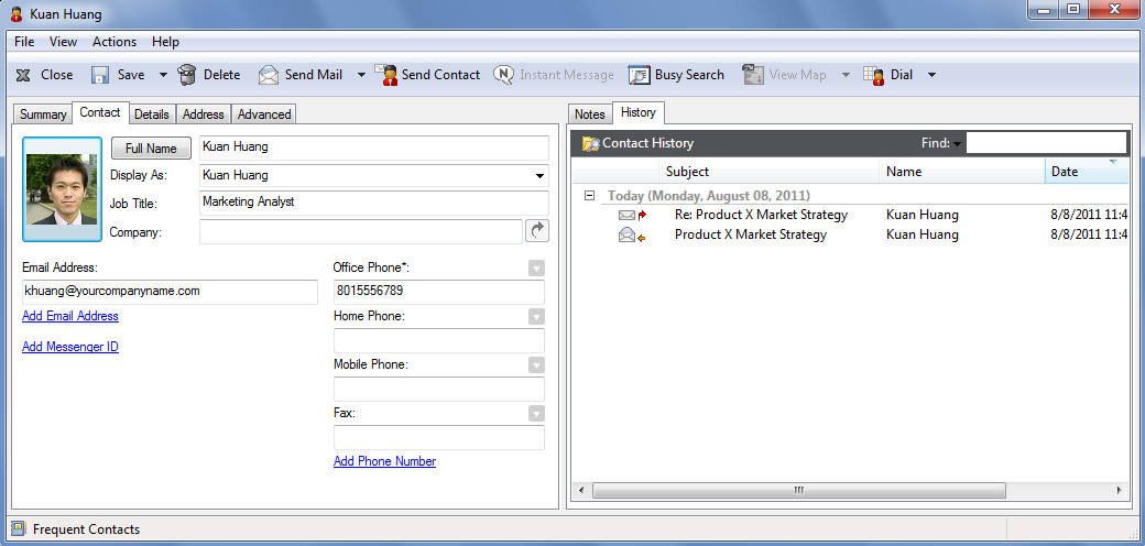 Contact Properties showing the History tab