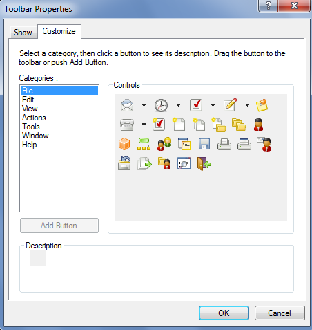 Customize tab of Toolbar Properties