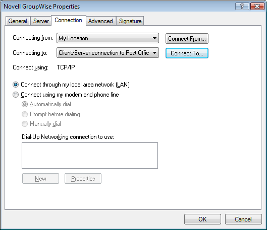 GroupWise Properties dialog box with the Connection tab open