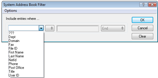 System Address Book Filter dialog box