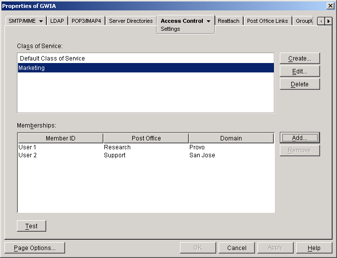 Access Control Settings property page with the new class of service and its members displayed