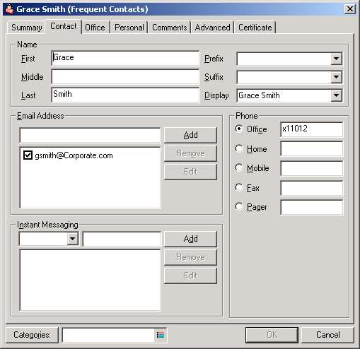 Contacts dialog box
