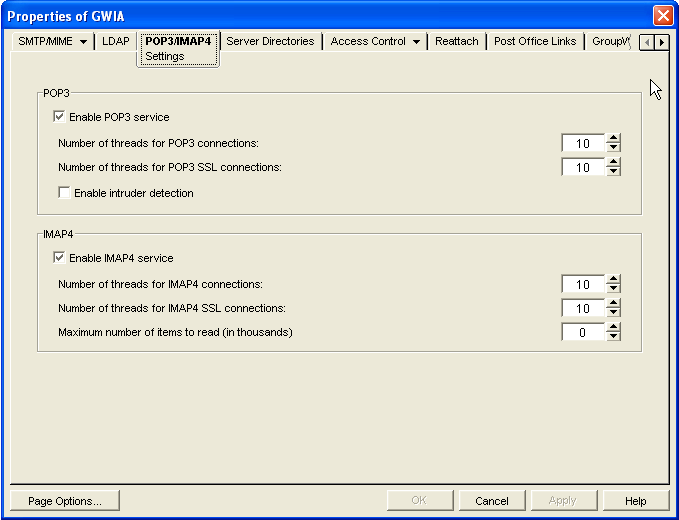 POP3/IMAP4 Settings property page