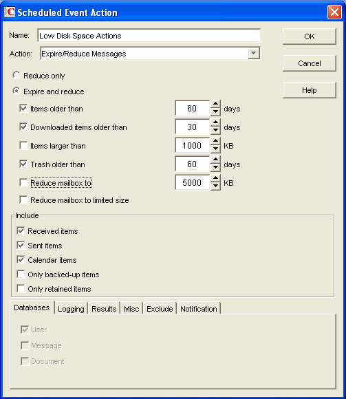 Scheduled Event Action dialog box