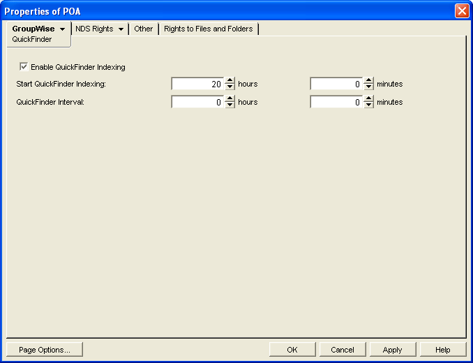 QuickFinder property page