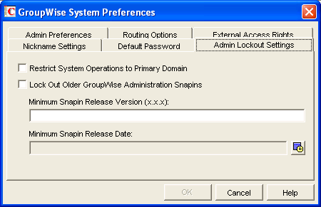 GroupWise System Preferences dialog box with the Admin Lockout Settings tab displayed