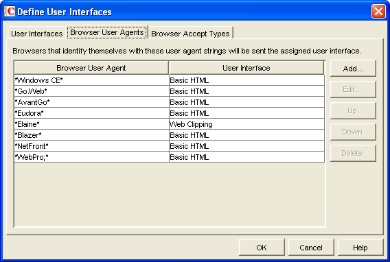 Define User Interfaces dialog box with the Browser User Agents tab displayed