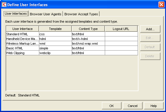 Define User Interfaces dialog box