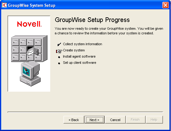 GroupWise Setup Progress: Create System page