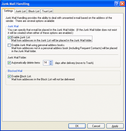 Junk Mail Handling dialog box showing the Settings tab