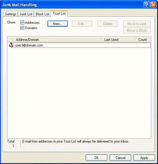 Junk Mail Handling dialog box showing the Trust List tab