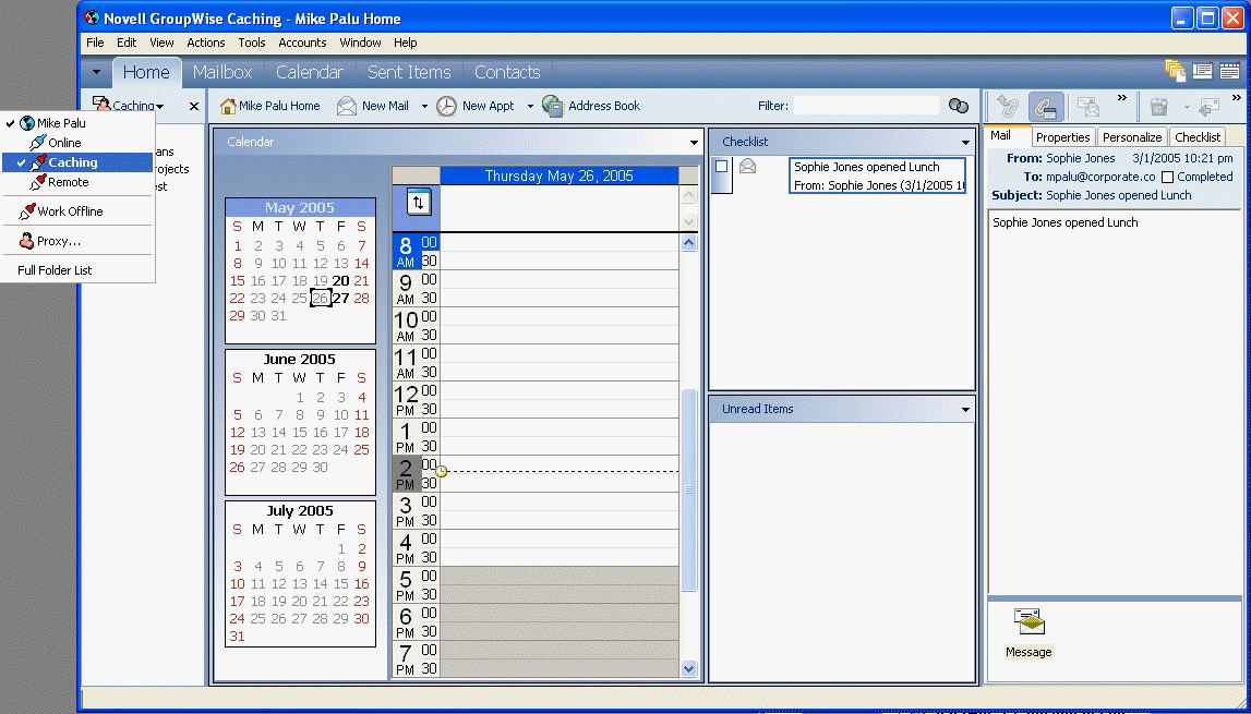 Mailbox view with Caching selected from the drop-down list