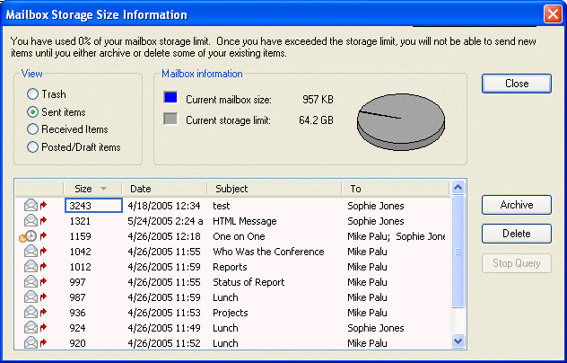 Mailbox Storage Size Information dialog box