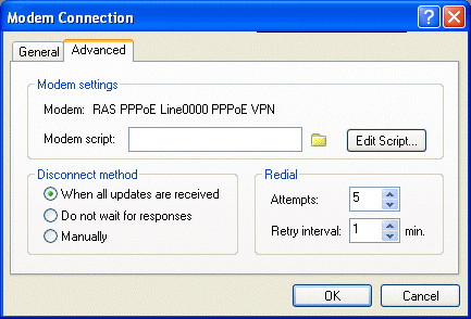 Modem Connection dialog box with the Advanced tab open