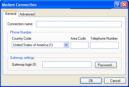 Modem Connection dialog box with the General tab open