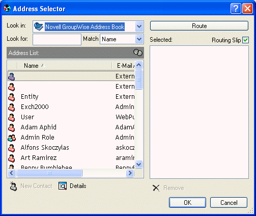 Address Selector showing a Routing Slip list