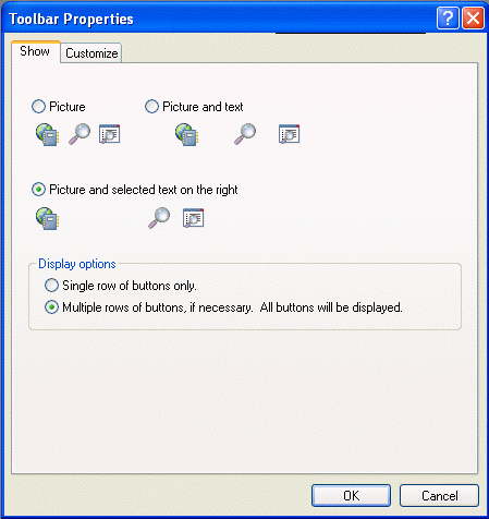 Toolbar Properties dialog box with the Show tab open